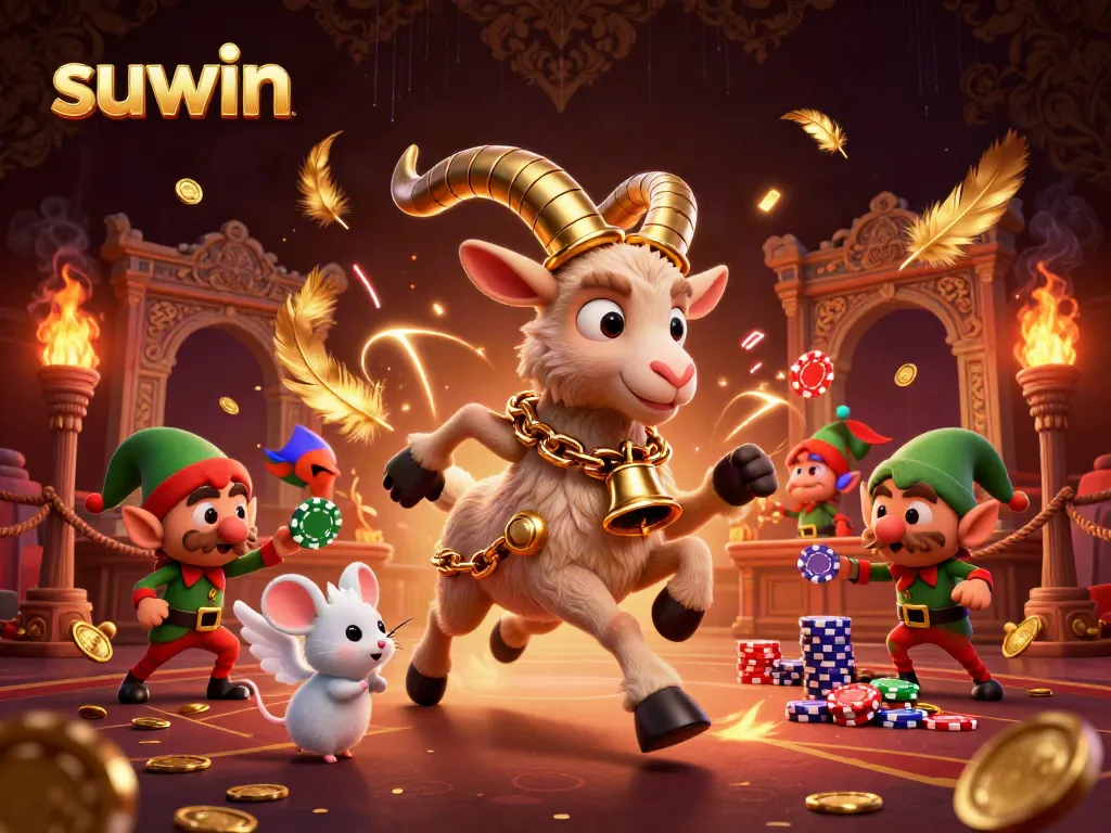 Suwin casino scene featuring cartoon characters and gambling elements, highlighting a festive atmosphere.