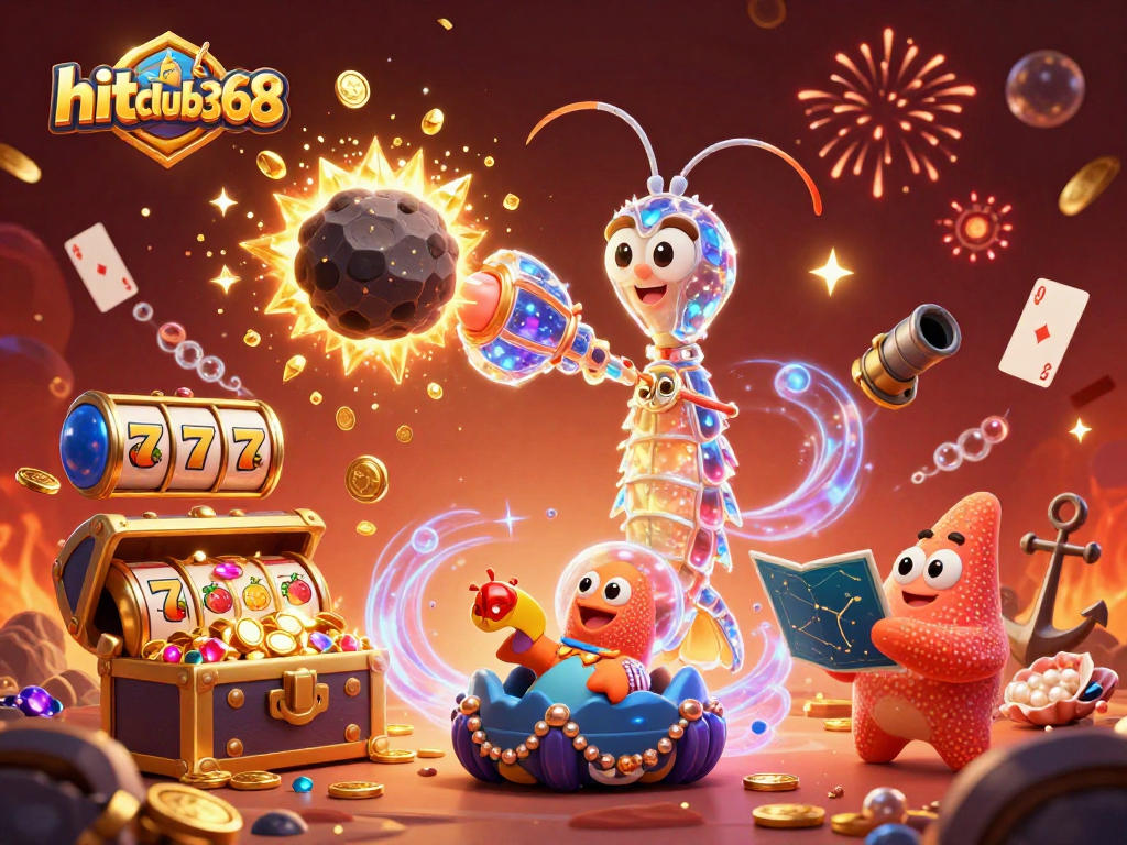 Experience excitement with hitclub368 as a samurai shrimp battles for treasures in a vibrant casino.