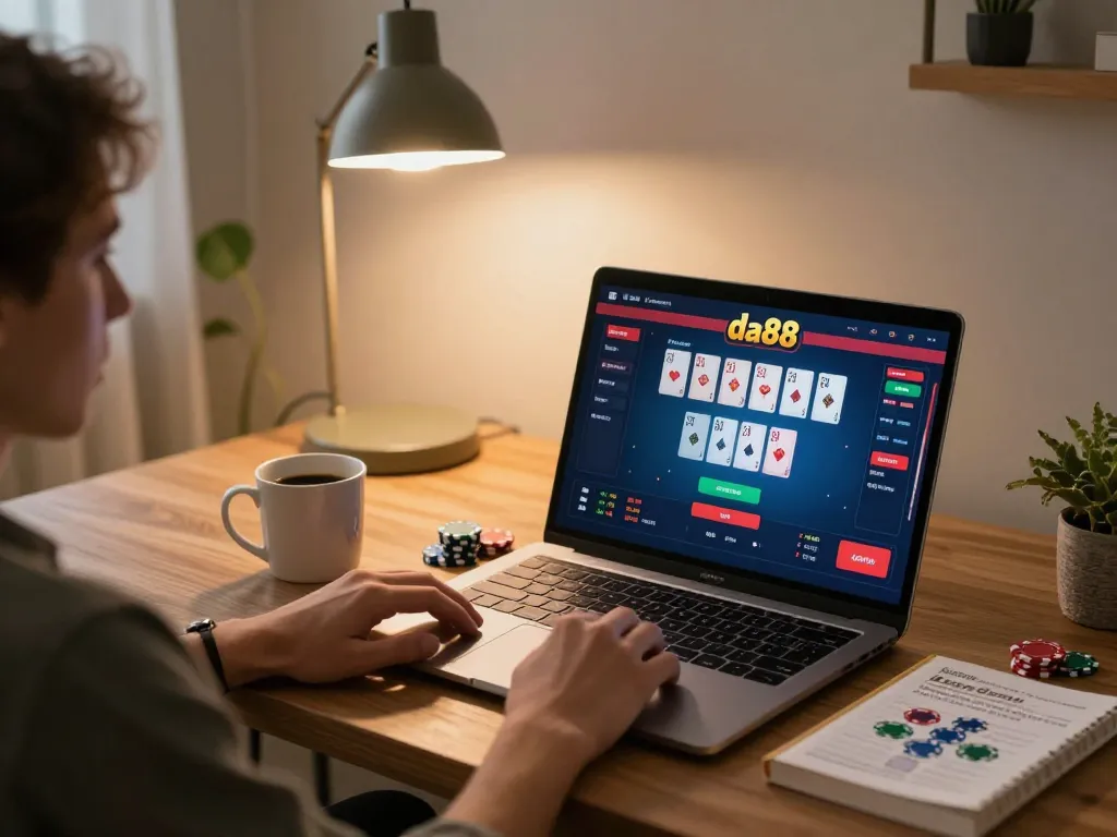 Engaging gameplay on da88 poker interface in a cozy home office setting