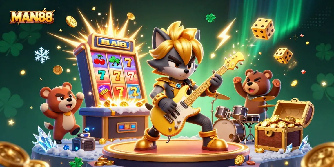 Experience thrilling action with MAN88 as a rock star wolf performs in a vibrant online casino.