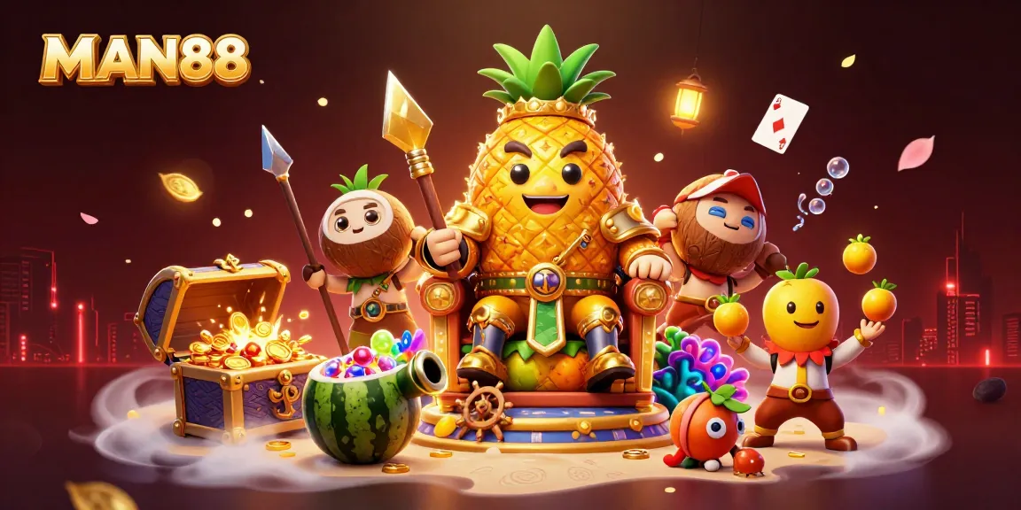 Experience the MAN88 allure with a golden pineapple king and tropical casino elements.