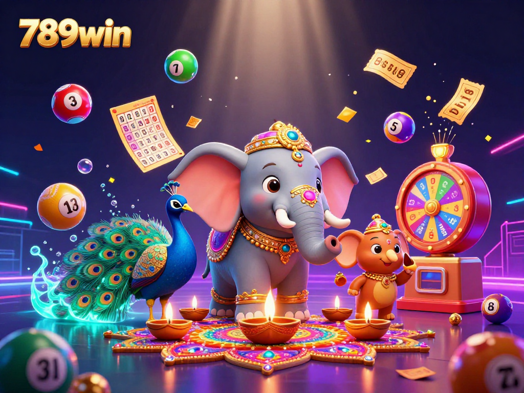 Exciting 789win gaming scene featuring a colorful elephant and peacock amid dynamic lottery elements.