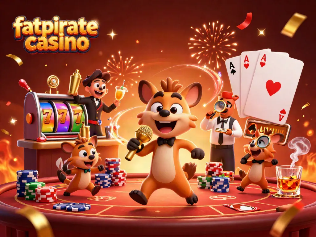 Experience the excitement of fatpirate casino with hyenas in a lively comedy club setup, showcasing vibrant gaming elements.