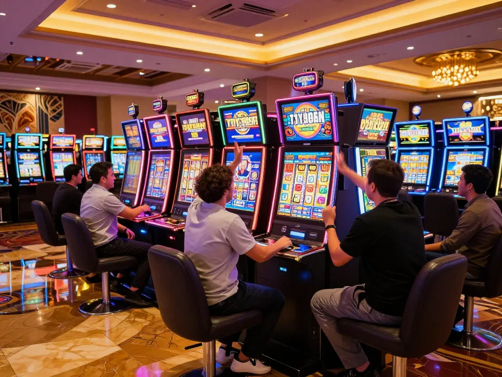 Players enjoying dynamic slot machine gameplay in an exciting casino atmosphere with CM88 energy