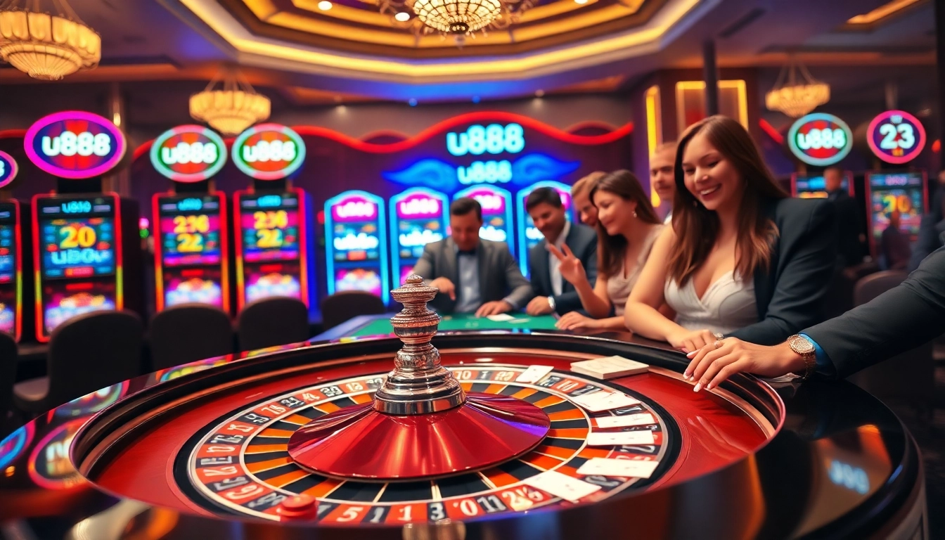 Engage in an exciting game at u888's luxurious casino table with live dealers and vibrant atmosphere.