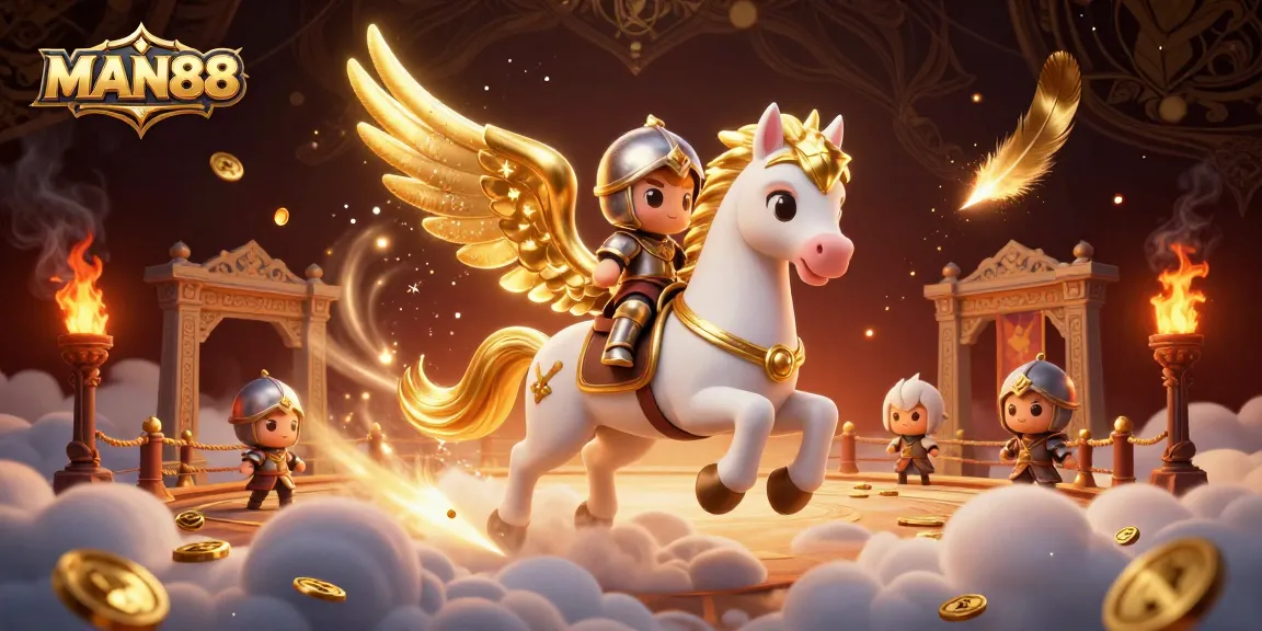 Experience thrilling wins at MAN88 as a cute knight rides a celestial horse in an energetic casino scene.