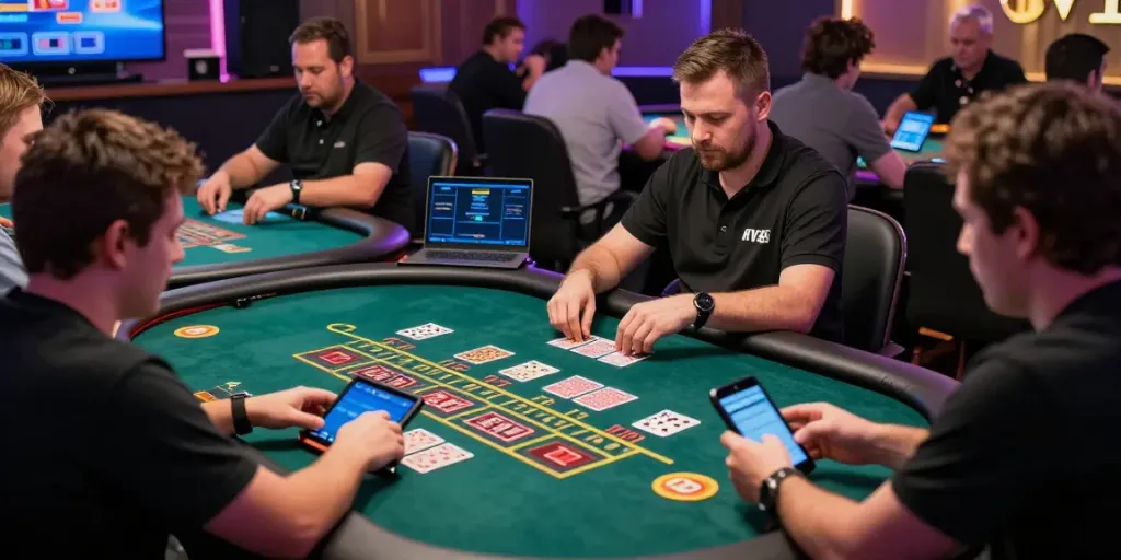Exciting action at FIVE88 live casino with players and dealers.