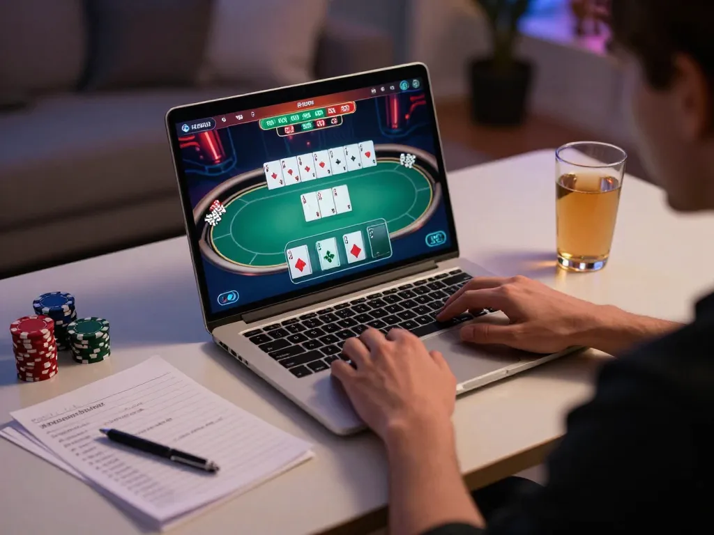 Player mastering poker strategies online with DA88, displaying dynamic gameplay and strategic notes in a cozy setting.