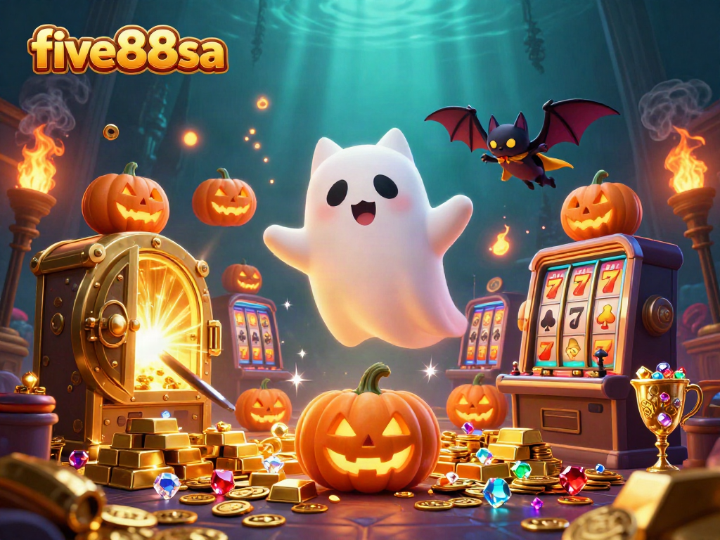 Experience the haunted thrills of five88sa with a ghost cat, bat, and glowing treasures in a lively casino.
