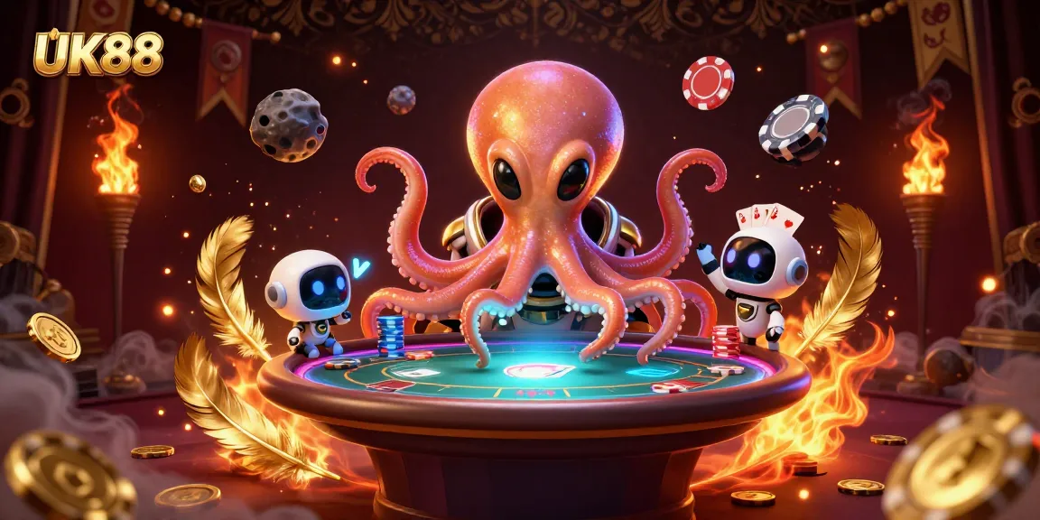 UK88 alien octopus engaging in a vibrant poker game, surrounded by cosmic elements.