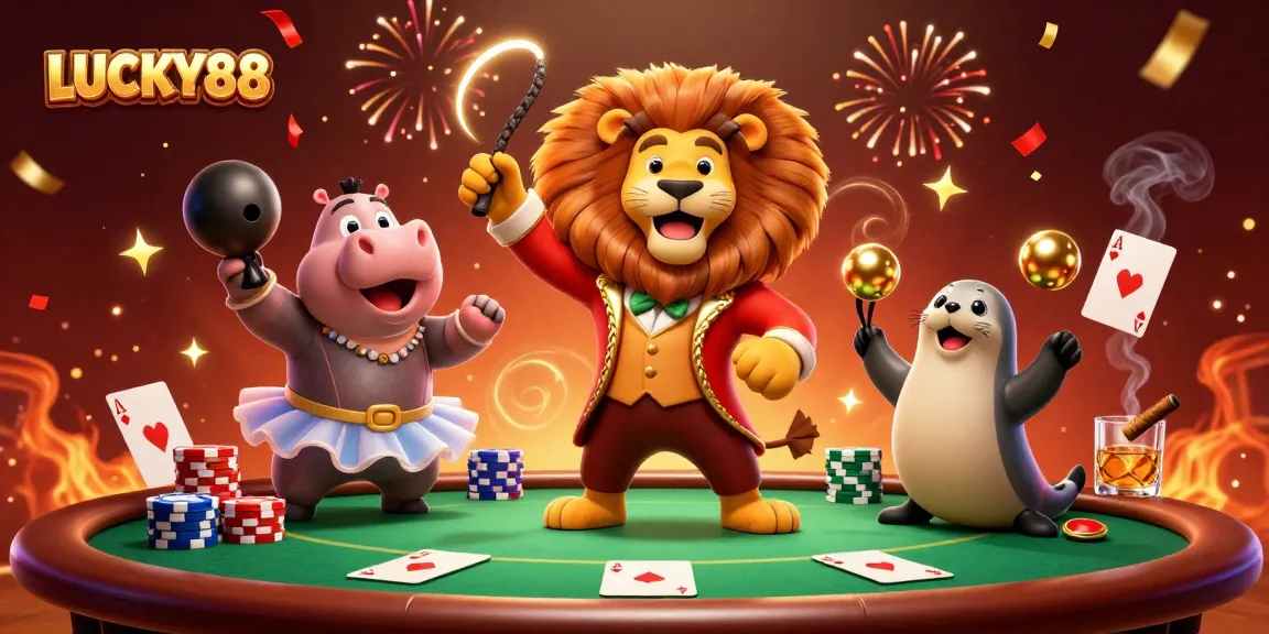 LUCKY88 brings thrilling poker action to life with festive characters and vibrant casino elements.