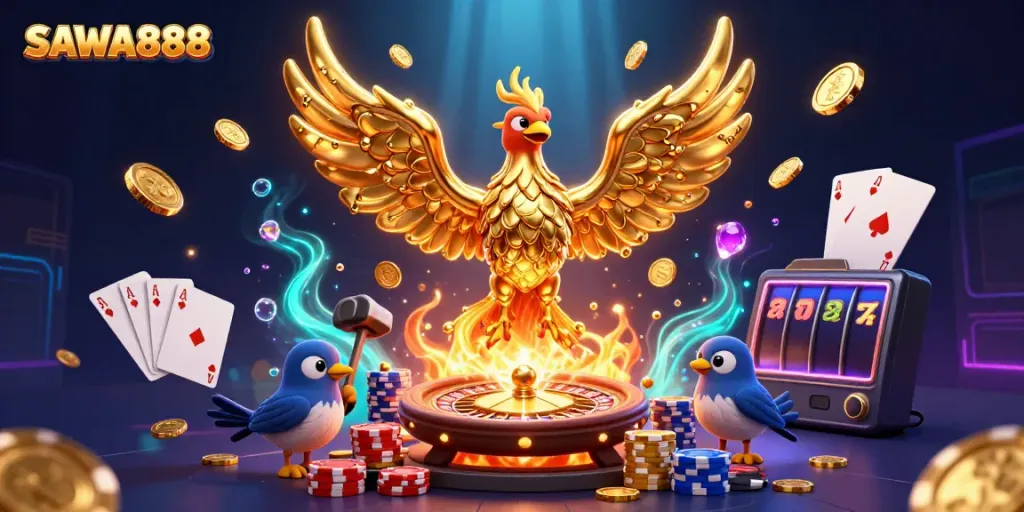 Experience the casino magic with SAWA888 as golden elements burst from an imaginative scene.