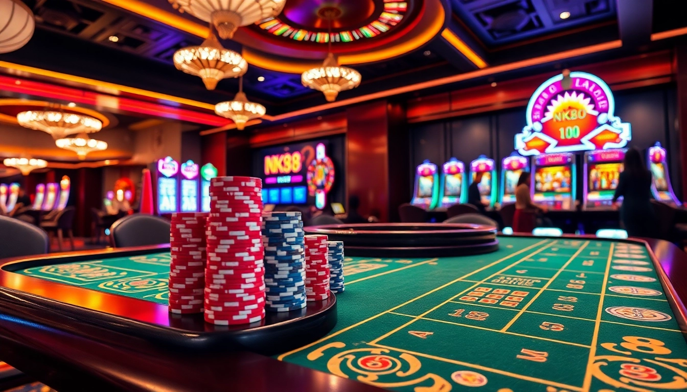 Navigating NK88 online casino platform with engaging roulette wheel and poker table.