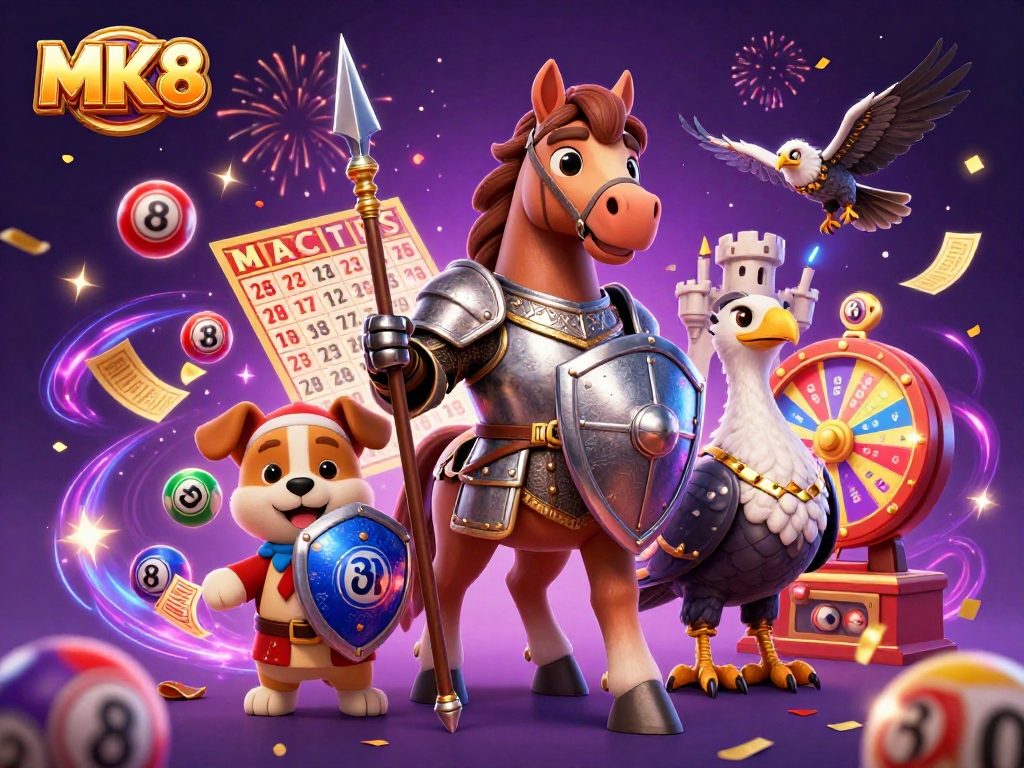 Engage with MK8's vibrant lottery scene featuring knights, colorful balls, and festive elements.