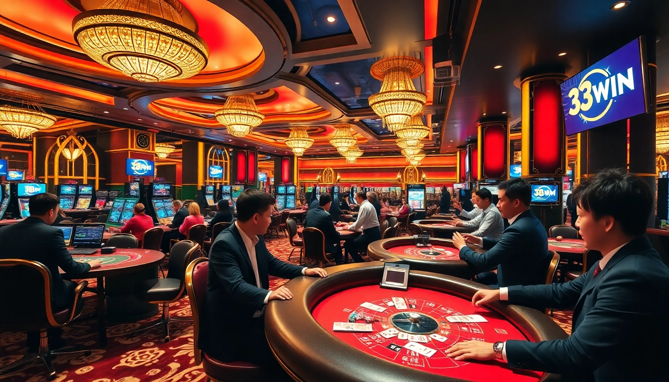 33WIN casino scene showcasing thrilling gameplay with vibrant tables and excited players.