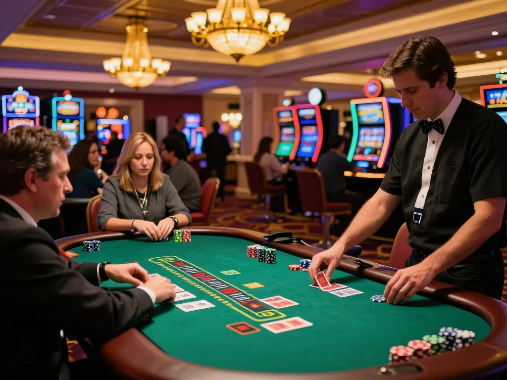 Players enjoying a thrilling blackjack game with TX88 thrills and excitement at a Vegas casino, engaging dealer managing the game.