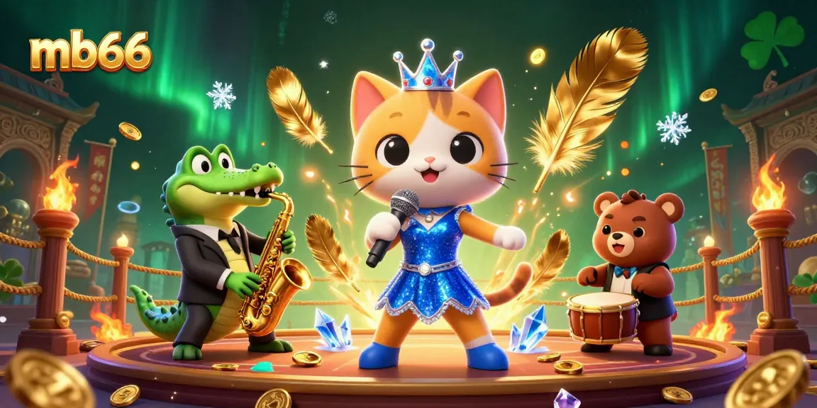 Experience the thrilling atmosphere of mb66 with lively characters on a casino stage.