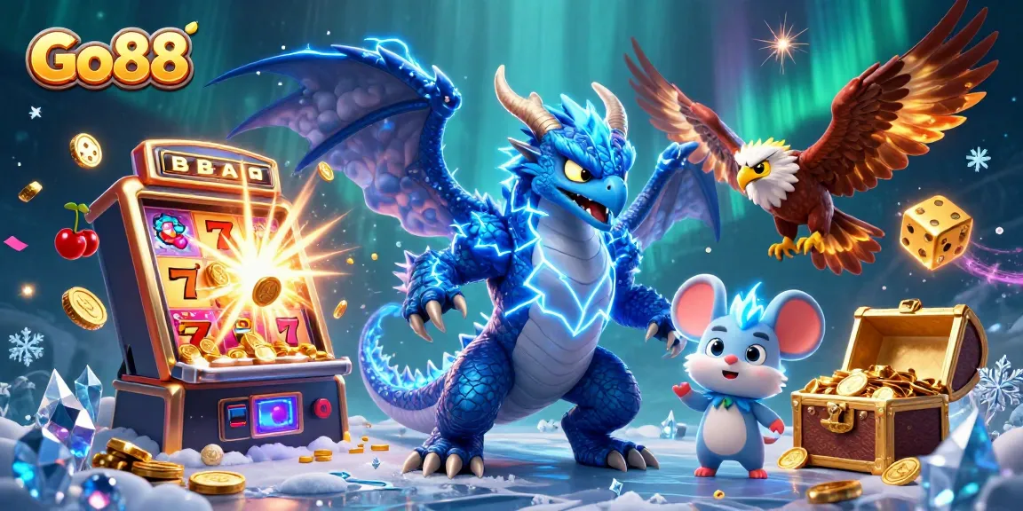 Go88 features an electrifying dragon and wind hawk amid a jackpot explosion, inviting gamers.