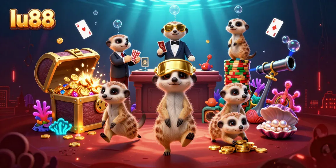 lu88 meerkats running a creative casino operation with gems and colorful decorations