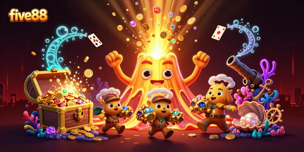 Experience exciting wins at five88 with vibrant treasures and playful critters in a colorful 3D casino scene.