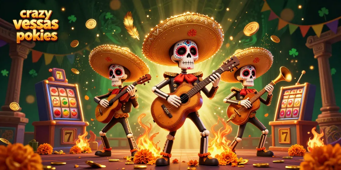 Spin with the crazy vegas aussie pokies in vibrant 3D artwork featuring a mariachi band and slot reels.