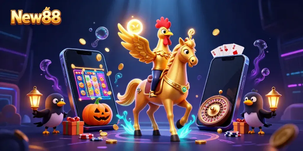 Experience unmatched excitement with New88's immersive casino games in this vibrant 3D illustration.