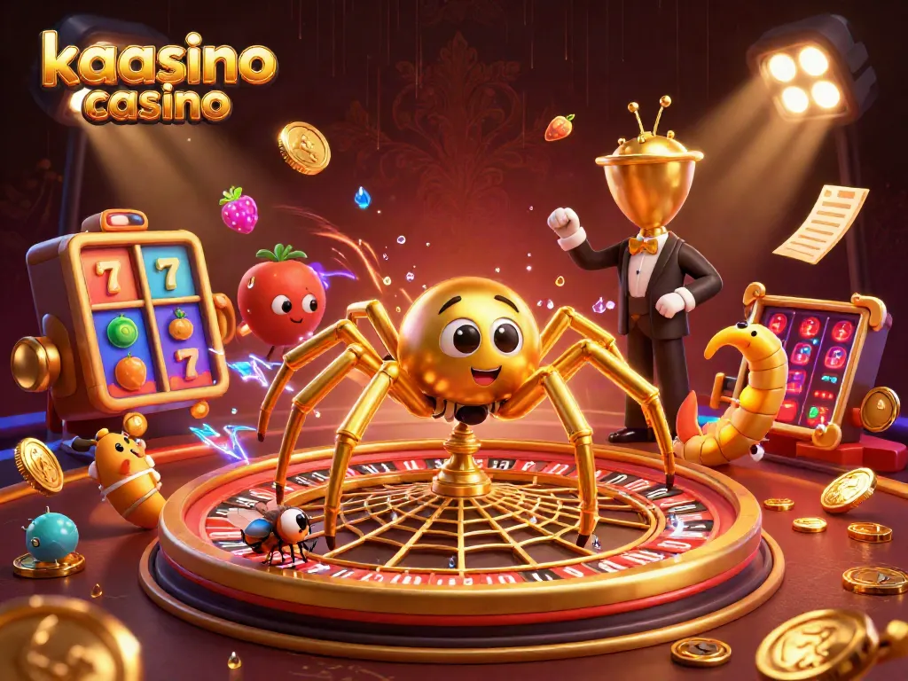 Kaasino casino showcases an energetic scene with a golden spider and a centipede croupier amidst vibrant casino activity.