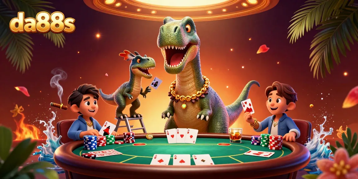 Experience thrilling gameplay at da88s with a colorful casino scene featuring playful dinosaurs and poker excitement.
