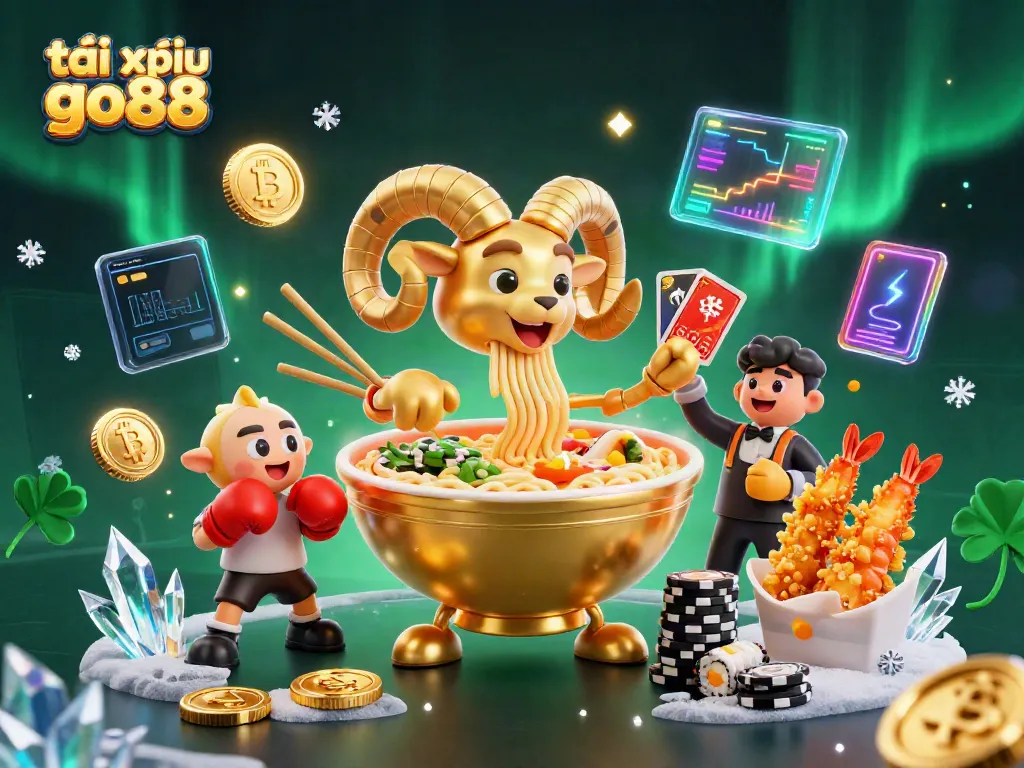 Engaging illustration of tài xỉu go88 featuring a golden ramen bowl dealer with animated noodle arms, surrounded by vibrant casino elements.