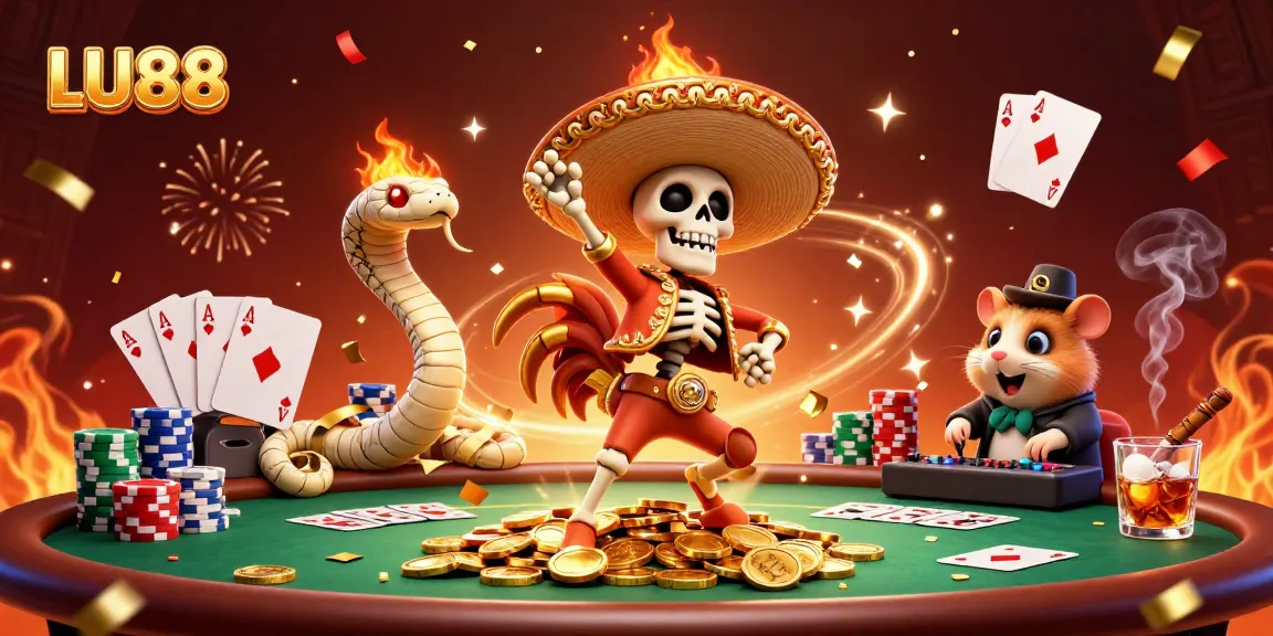Celebrate LU88 winnings with a vibrant scene featuring skeleton mariachi and poker elements.