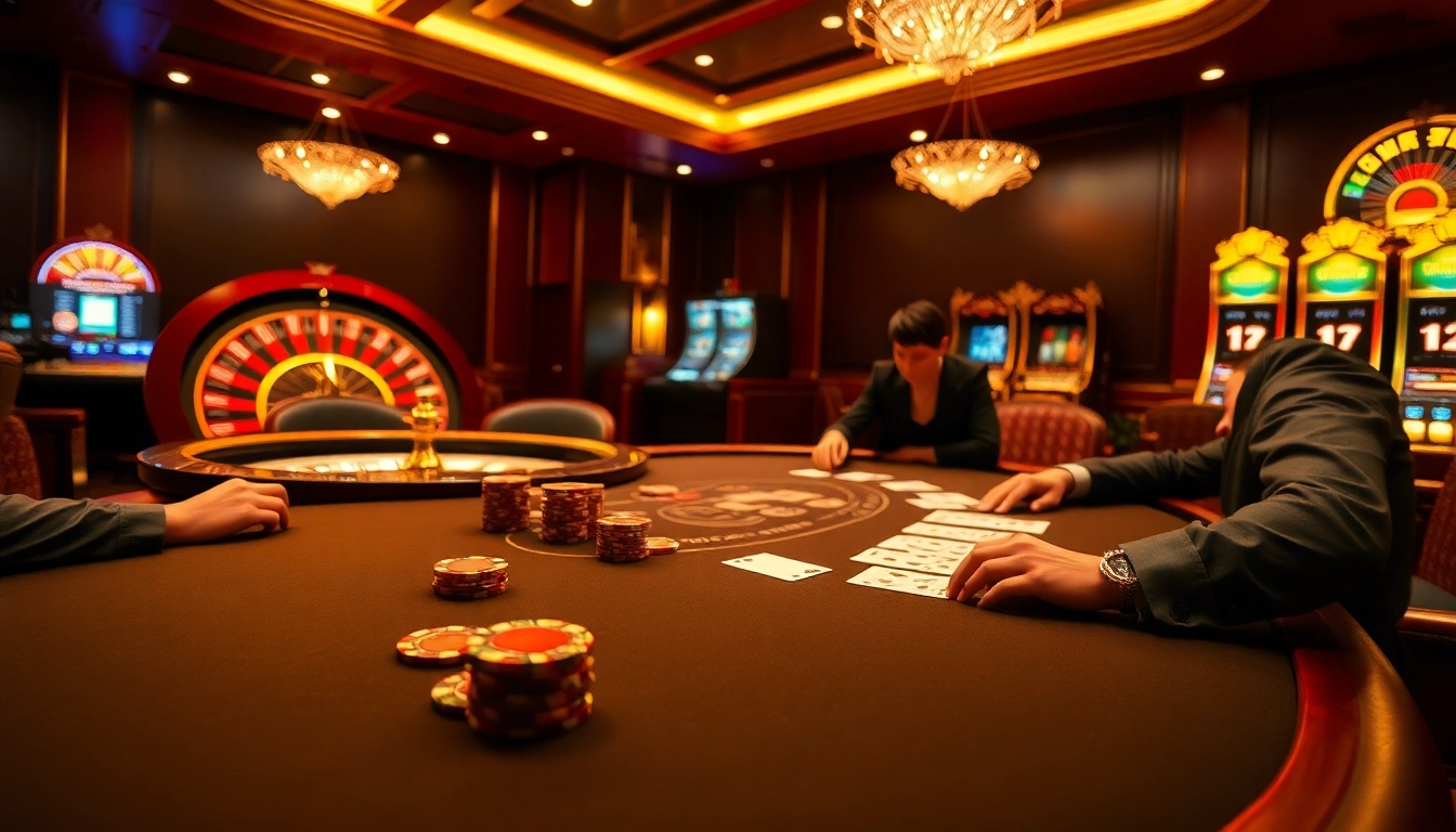 Experience the thrill of gambling at https://tt88.to/ with a luxurious poker table scene featuring rich colors and engaging atmosphere.