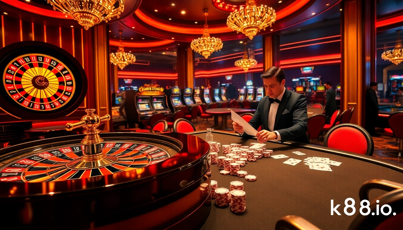 Engaging casino atmosphere showcasing nk88.bio with vibrant roulette wheels and poker tables.