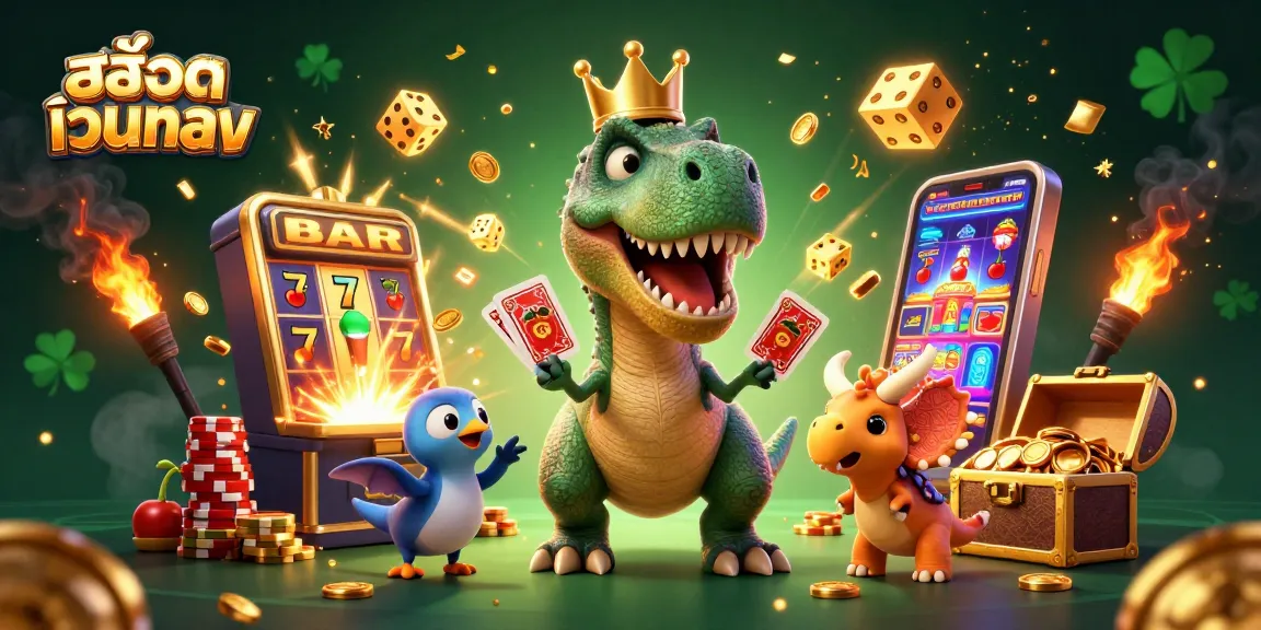 Engage in exciting action with the สล็อตเว็บตรง illustrated slot characters, showcasing a vibrant casino scene with T-Rex and friends.