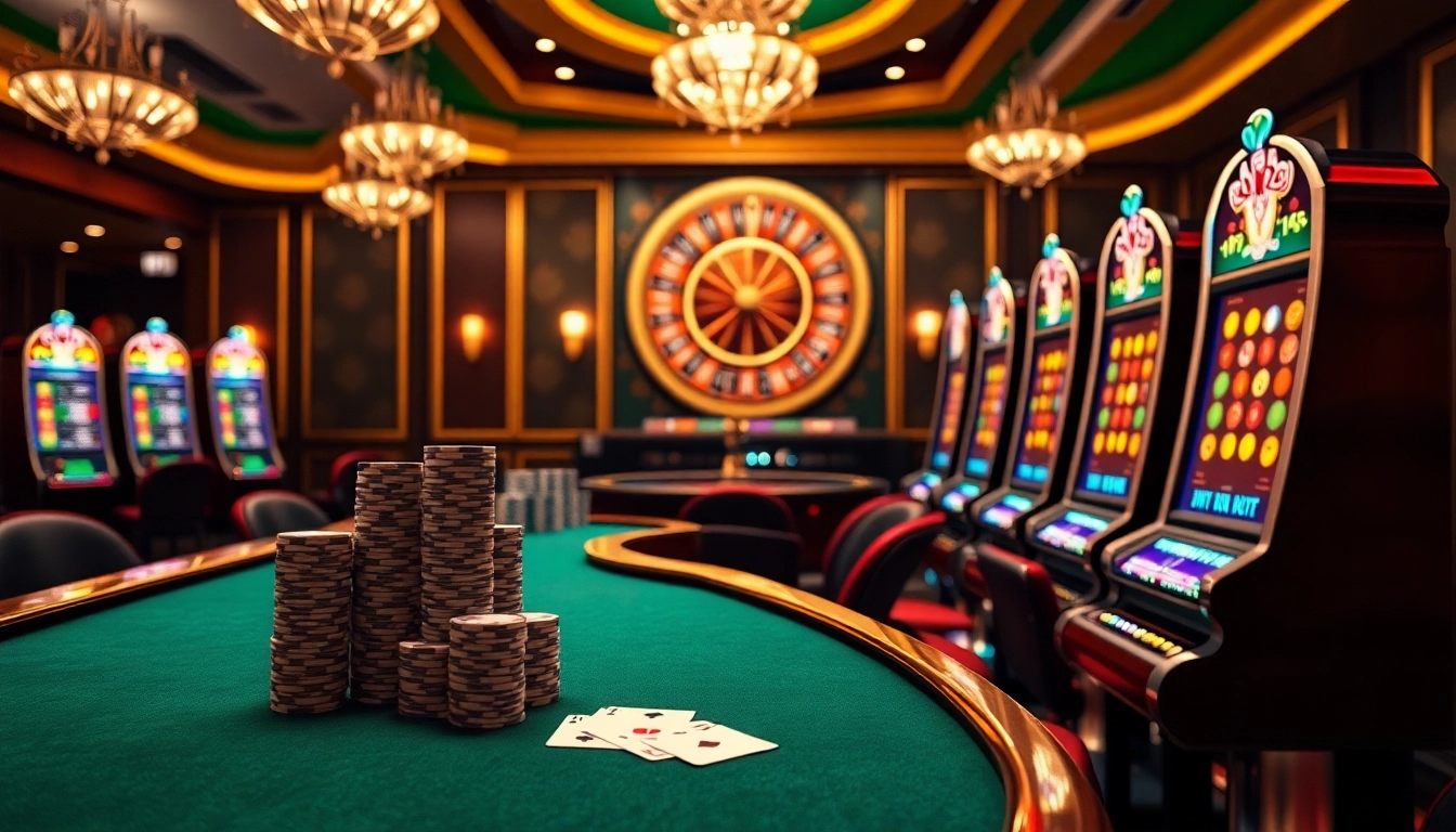 A vibrant online gambling experience showcasing the website vin88 with casino tables, cards, and exciting slot machines.