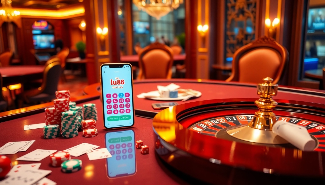 Engaging with the lu88 tải app on a sleek smartphone, surrounded by vibrant casino elements and excitement.
