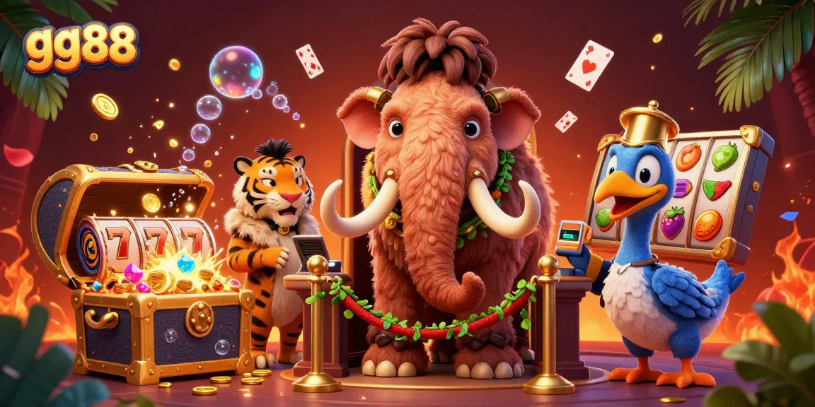 Place your bets at gg88 with the vibrant entrance scene showcasing a cartoon mammoth bouncer and dazzling slot machines.