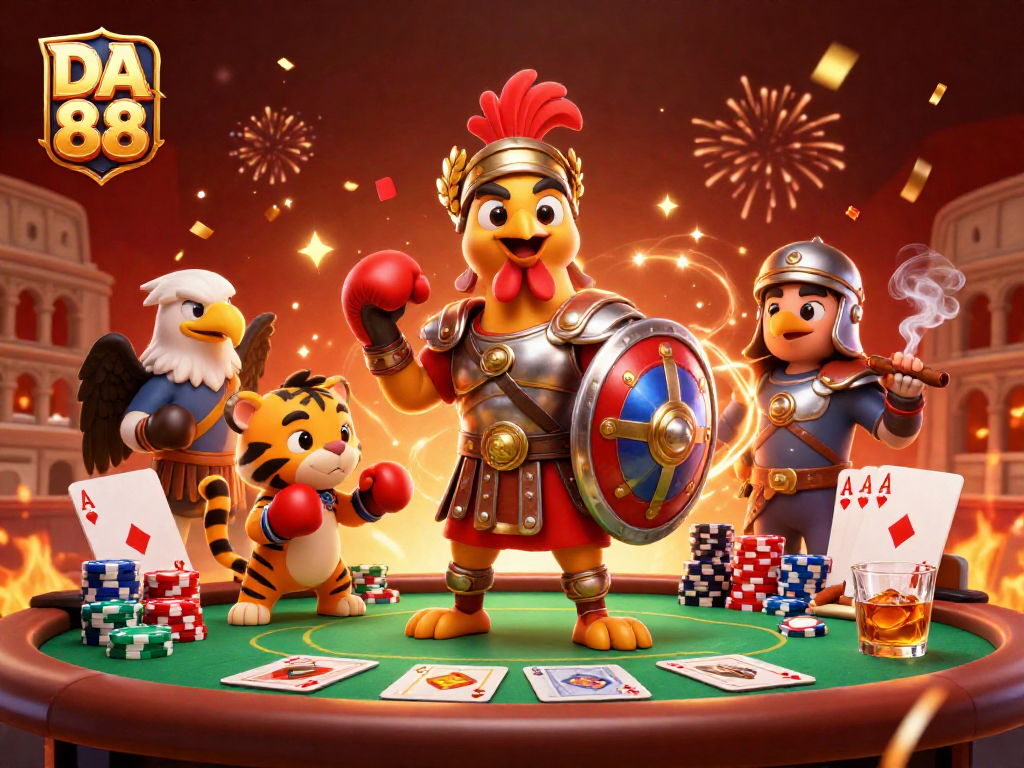 Engage with DA 88's vibrant casino scene featuring a gladiator rooster, poker elements, and sparring partners.