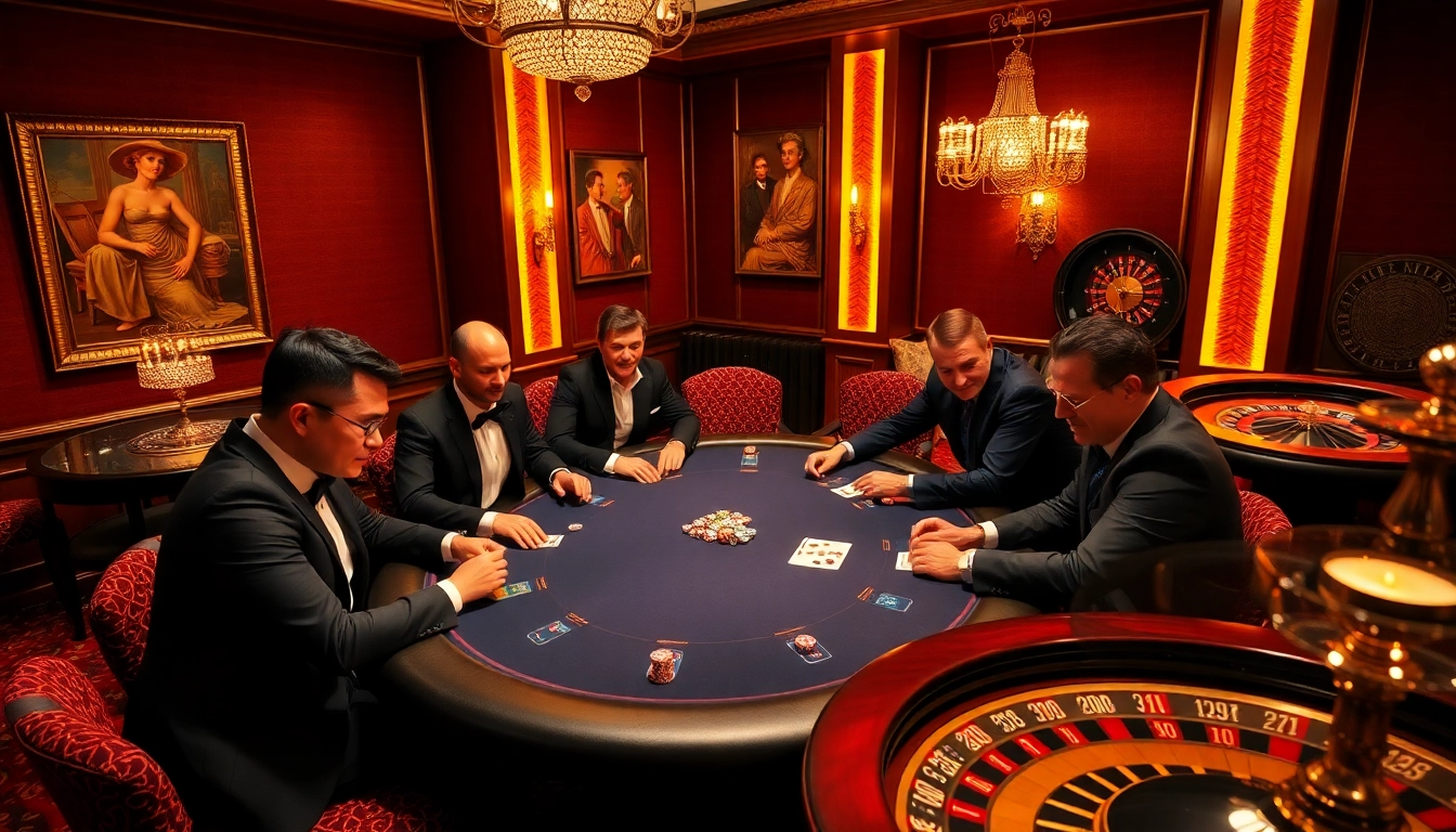 Men club engrossed in a poker game at a luxurious casino.