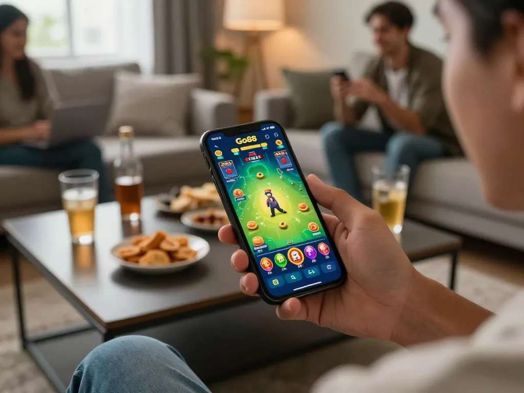 TẢI GO88 on a mobile app, showcasing thrilling gameplay in a cozy living room with friends.
