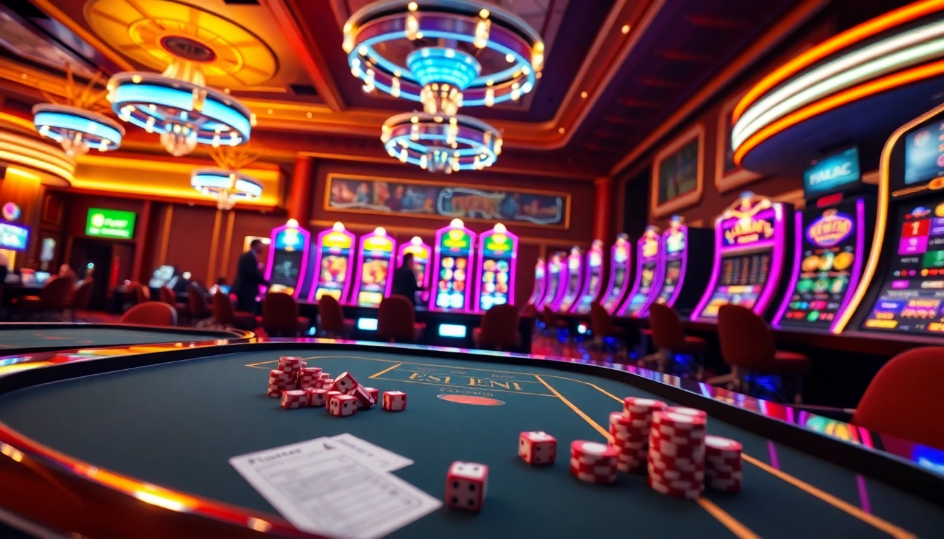 A player engaging with thrilling online gambling options at 8kbet showcasing vibrant slot machines and casino tables.