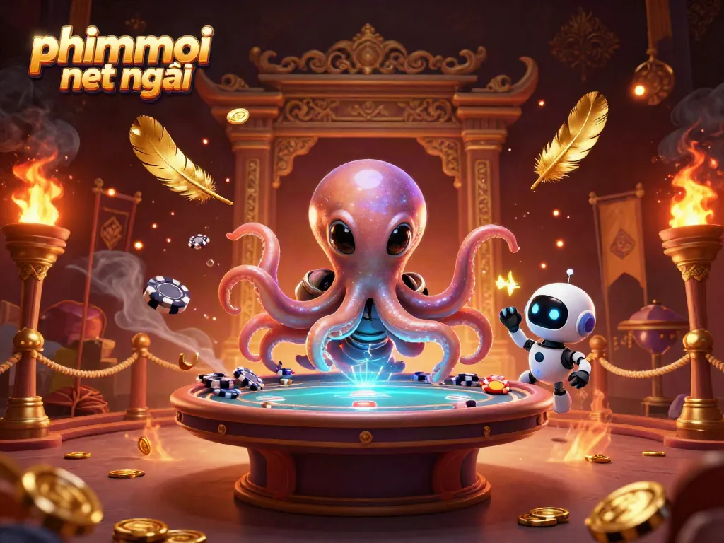 A 3D cartoon alien octopus operates a holographic poker table amidst gold coins and fiery effects, highlighting phimmoi net mới.