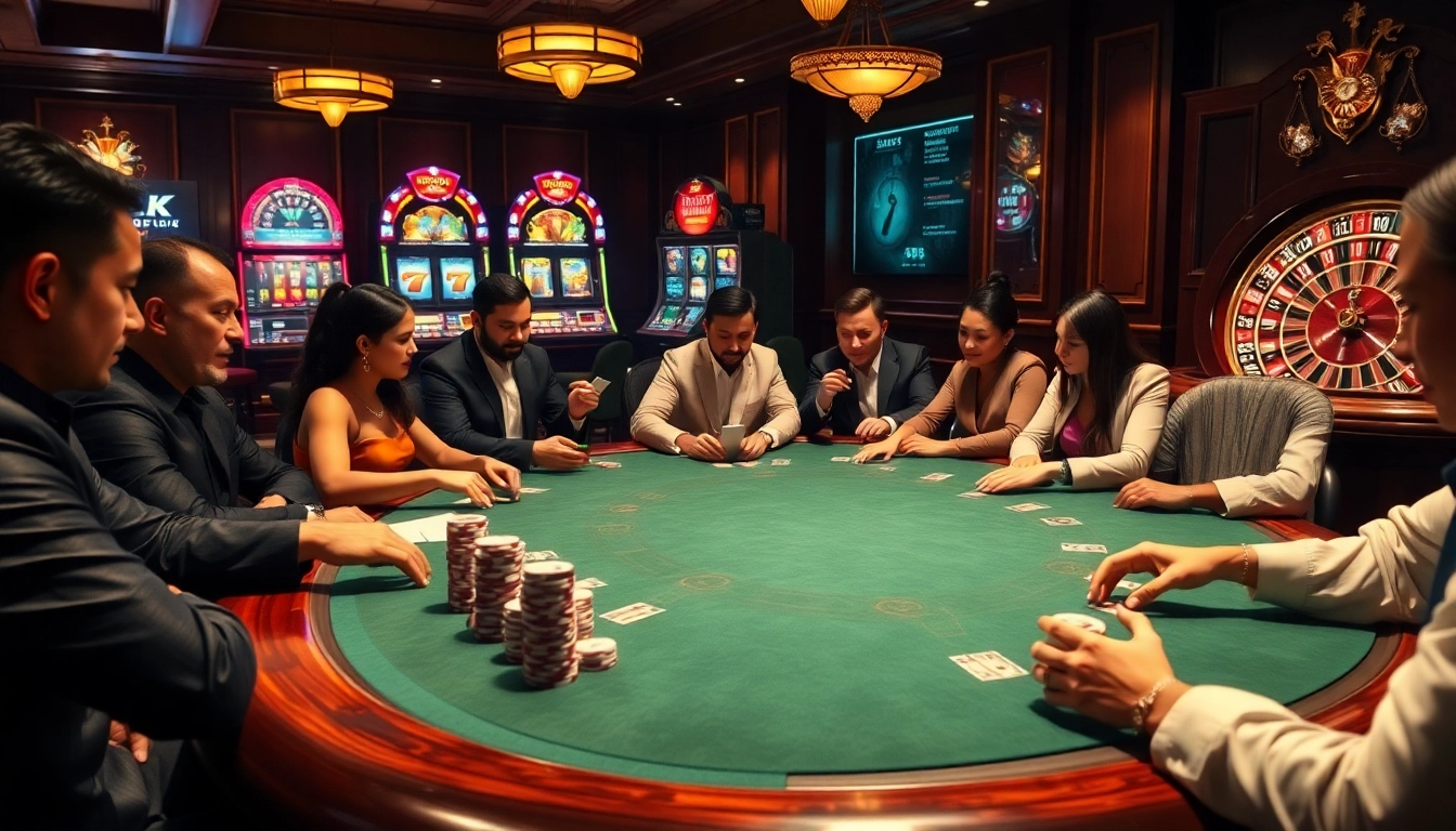 S8 poker game scene with players at a modern casino table and vibrant slot machines.