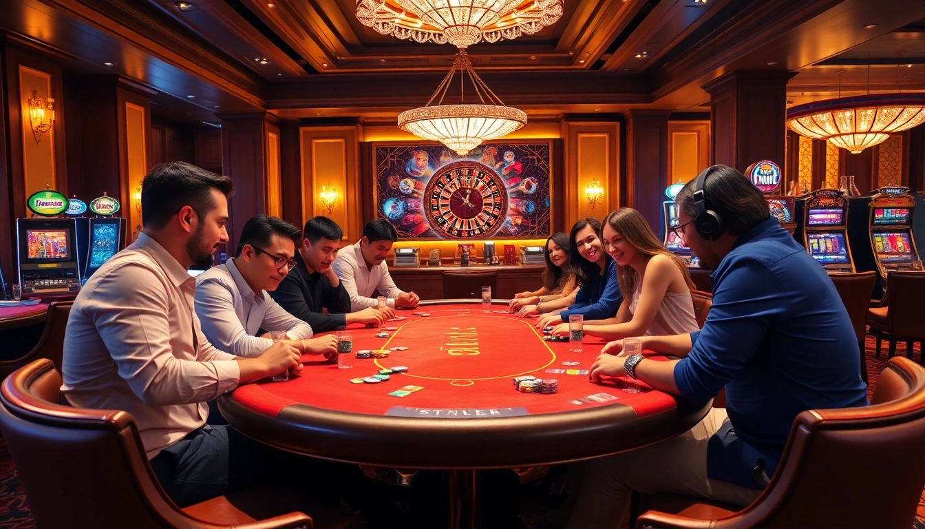 Exciting gameplay at Hitclub with vibrant poker and roulette tables in a luxurious casino.