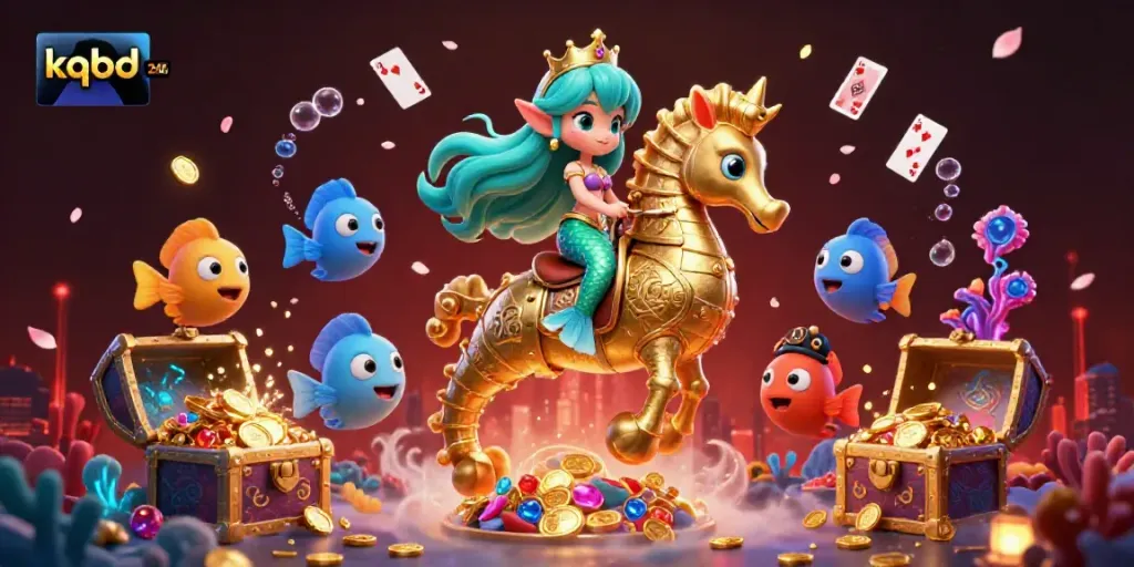 Immerse yourself in kqbd 24h with a 3D mermaid and seahorse, adrift in treasures and vibrant marine life.