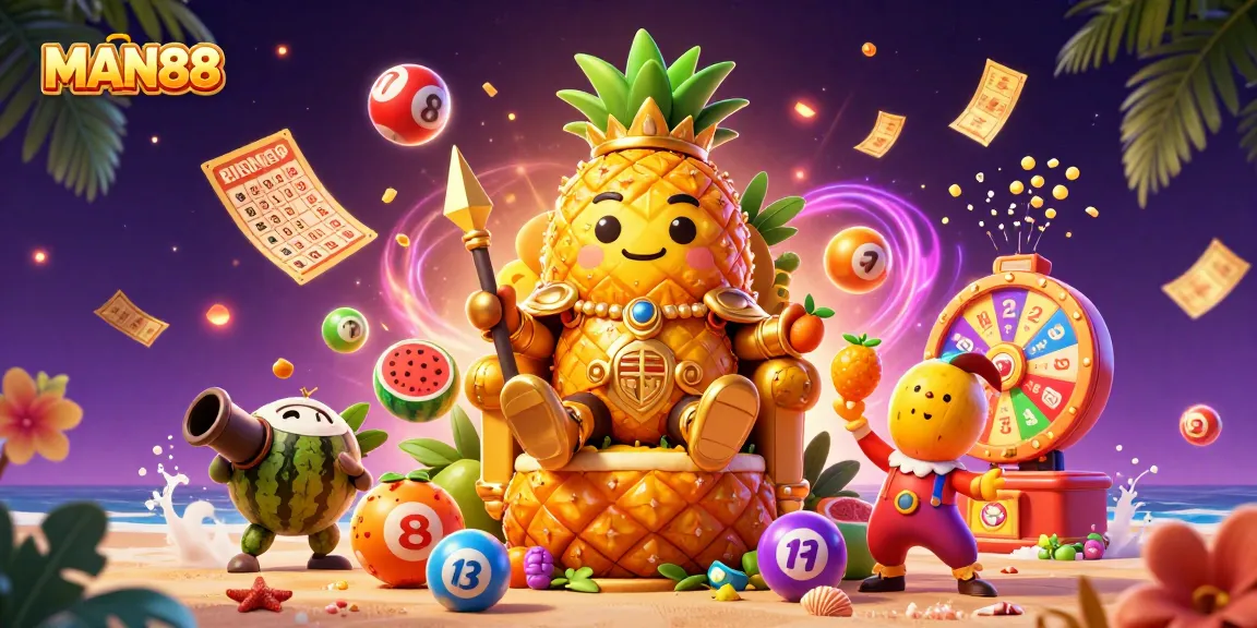 Experience thrilling gaming action with MAN88 featuring a golden pineapple king amidst vibrant casino elements.
