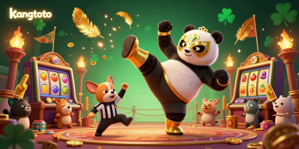 Gamer panda beraksi di kangtoto dengan simbol slot dan koin emas di arena pertarungan.