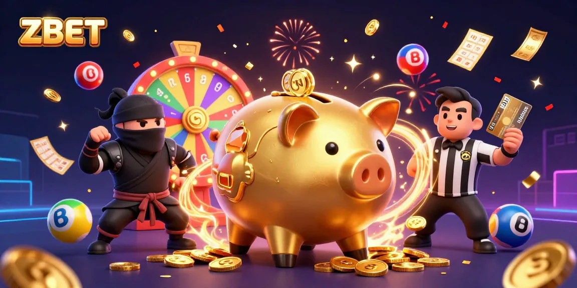 ZBET offers thrilling gambling action with an animated golden piggy bank and colorful game elements.