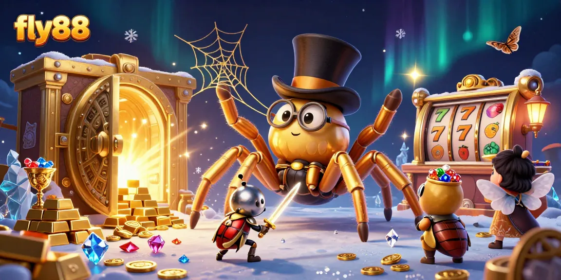 Enjoy thrilling gaming with fly88 featuring a golden tarantula, knight, and slot reels in an enchanting casino.