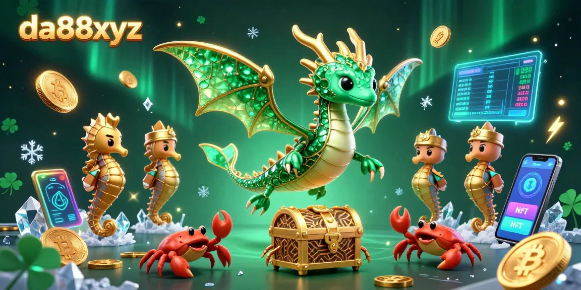 Engage with exhilarating games at da88xyz, featuring a vibrant sea dragon amidst crypto elements.