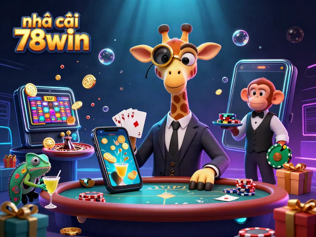 Engaging scene showcasing nhà cái 78win with a giraffe, monkey, and chameleon in a vibrant casino atmosphere.